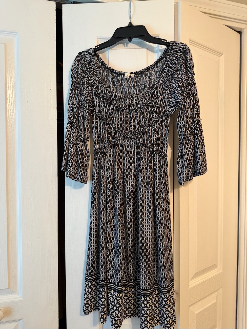 Sophie Max Black & White Geometric Smocked Midi Dress